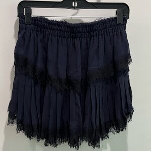 Loveshack fancy silk navy skirt with black lace
